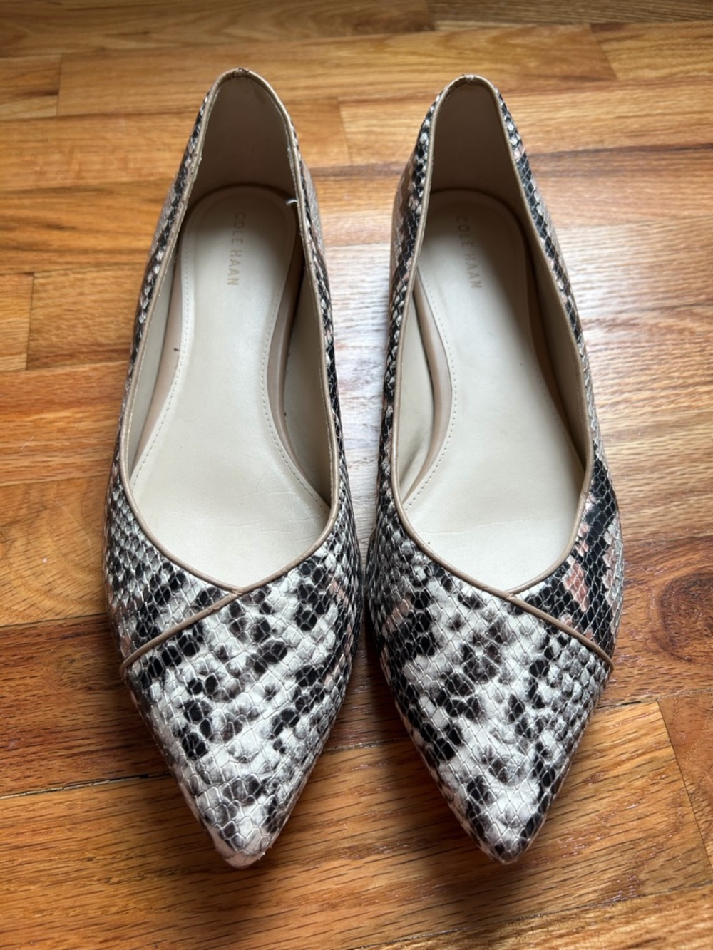 Cole Haan Pointed Snake-Print Leather Flats in Beige and Black